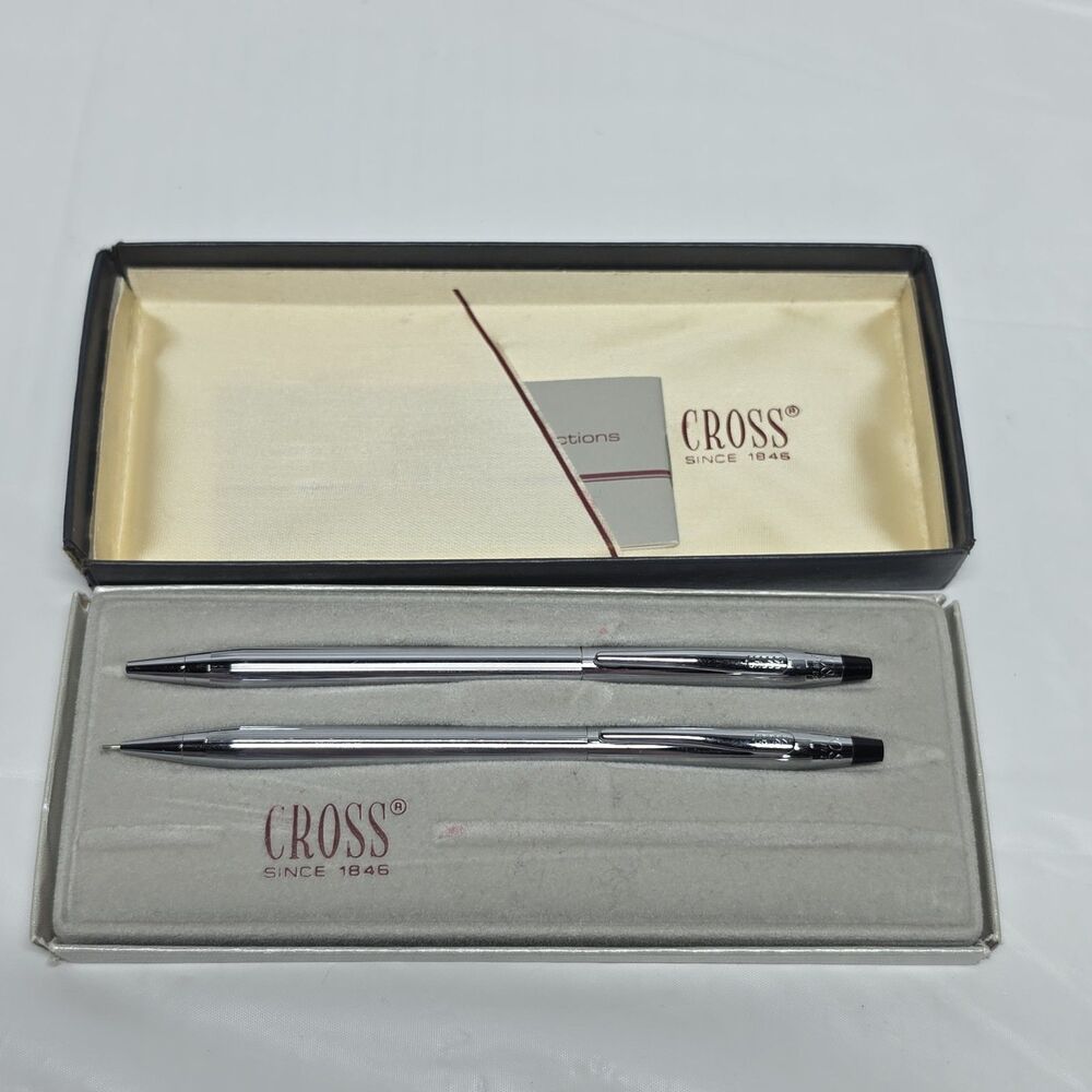 Vintage Cross Century Ballpoint Pen And Pencil Set Silver Chrome 350105 In Box